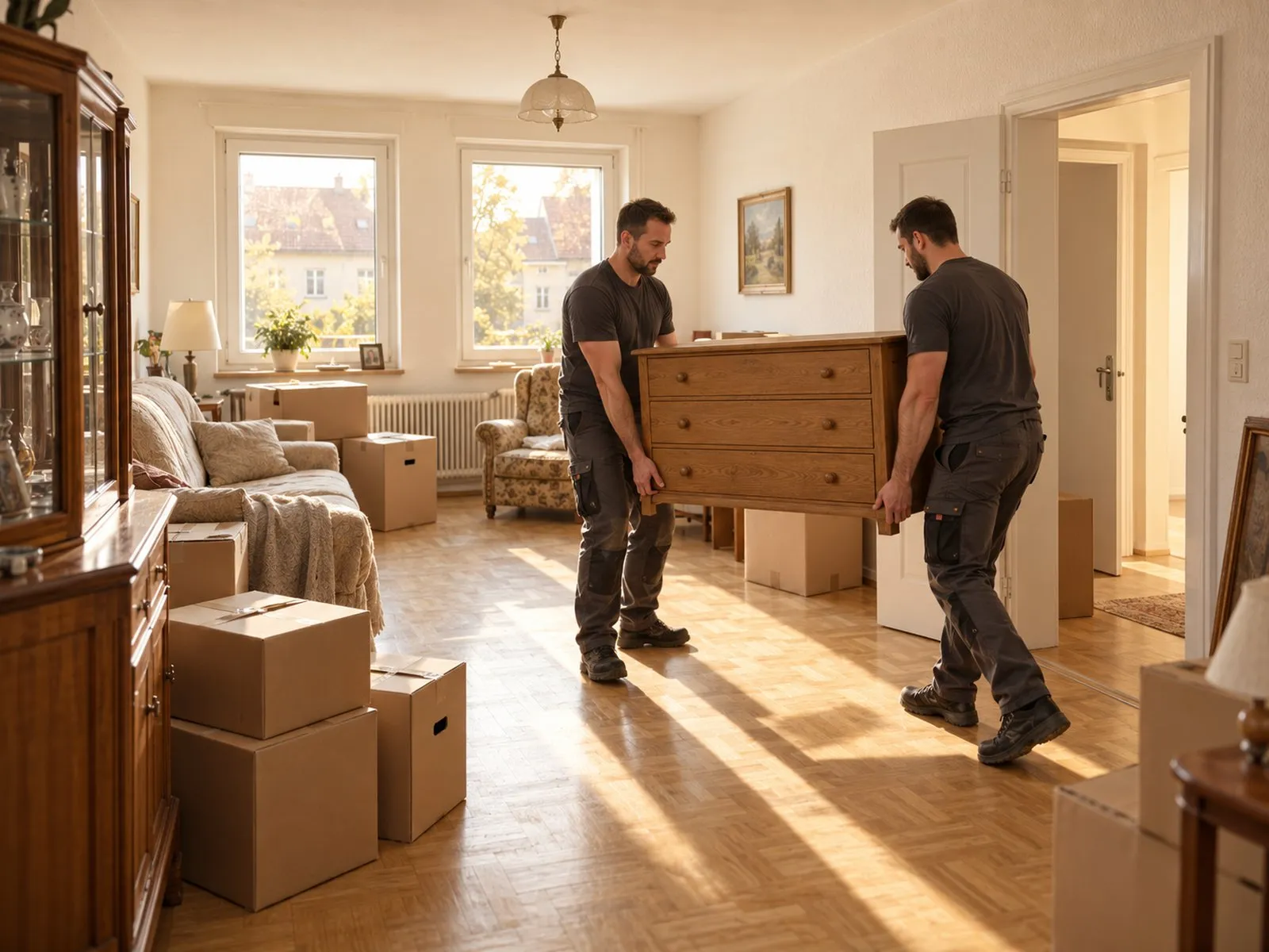 Zwei Mitarbeiter tragen eine Kommode aus einem vollen Wohnzimmer
