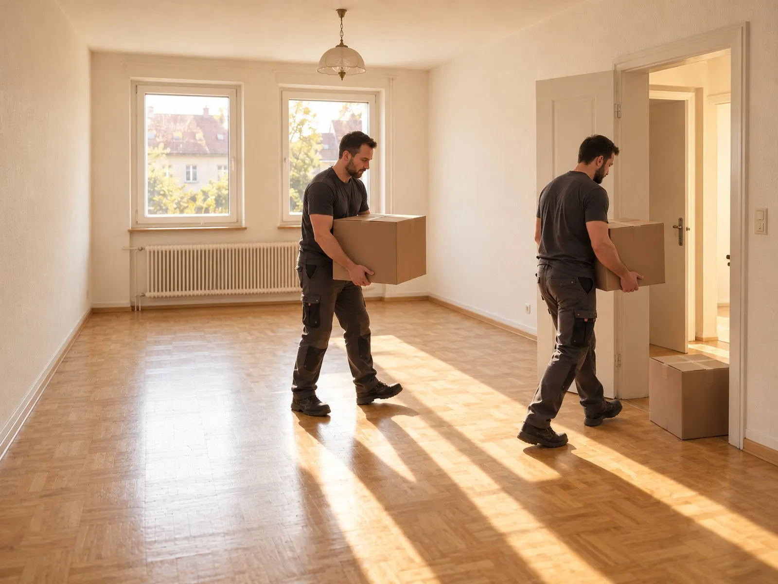 Die letzten Kartons werden aus dem fast leeren Zimmer getragen