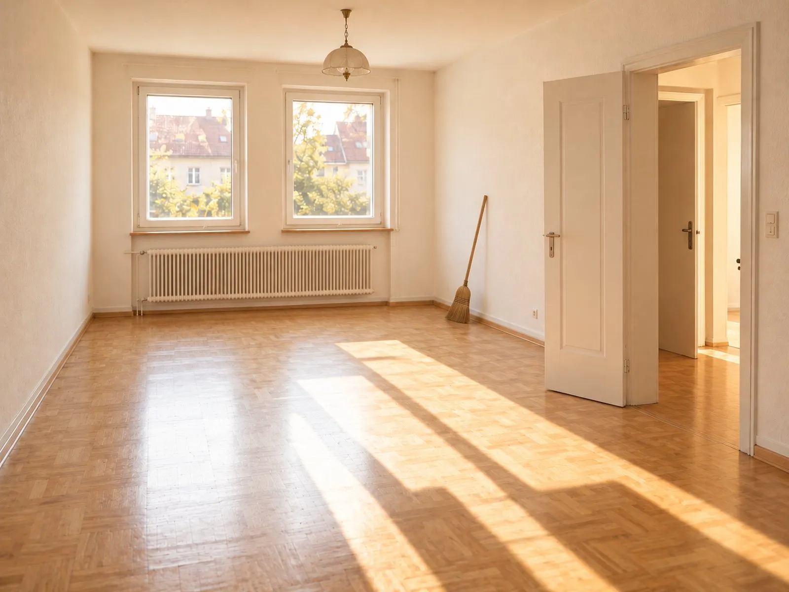 Das leere, gefegte Zimmer im Sonnenlicht, ein Besen lehnt an der Wand