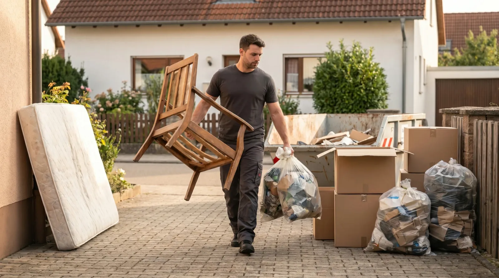 Mitarbeiter trägt Stuhl und Abfallsack zum Container
