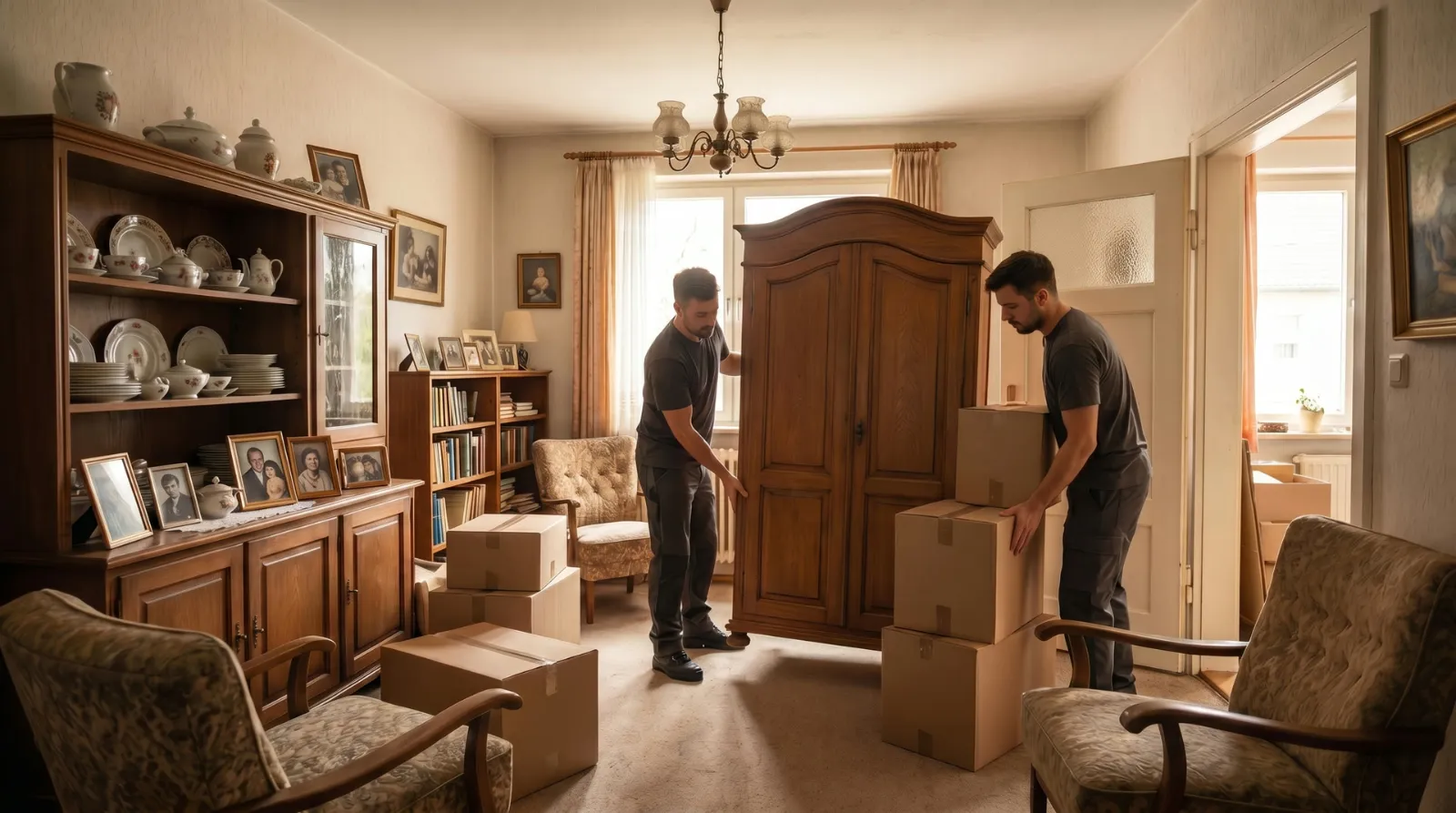 Zwei Mitarbeiter tragen einen Schrank aus einem Wohnzimmer