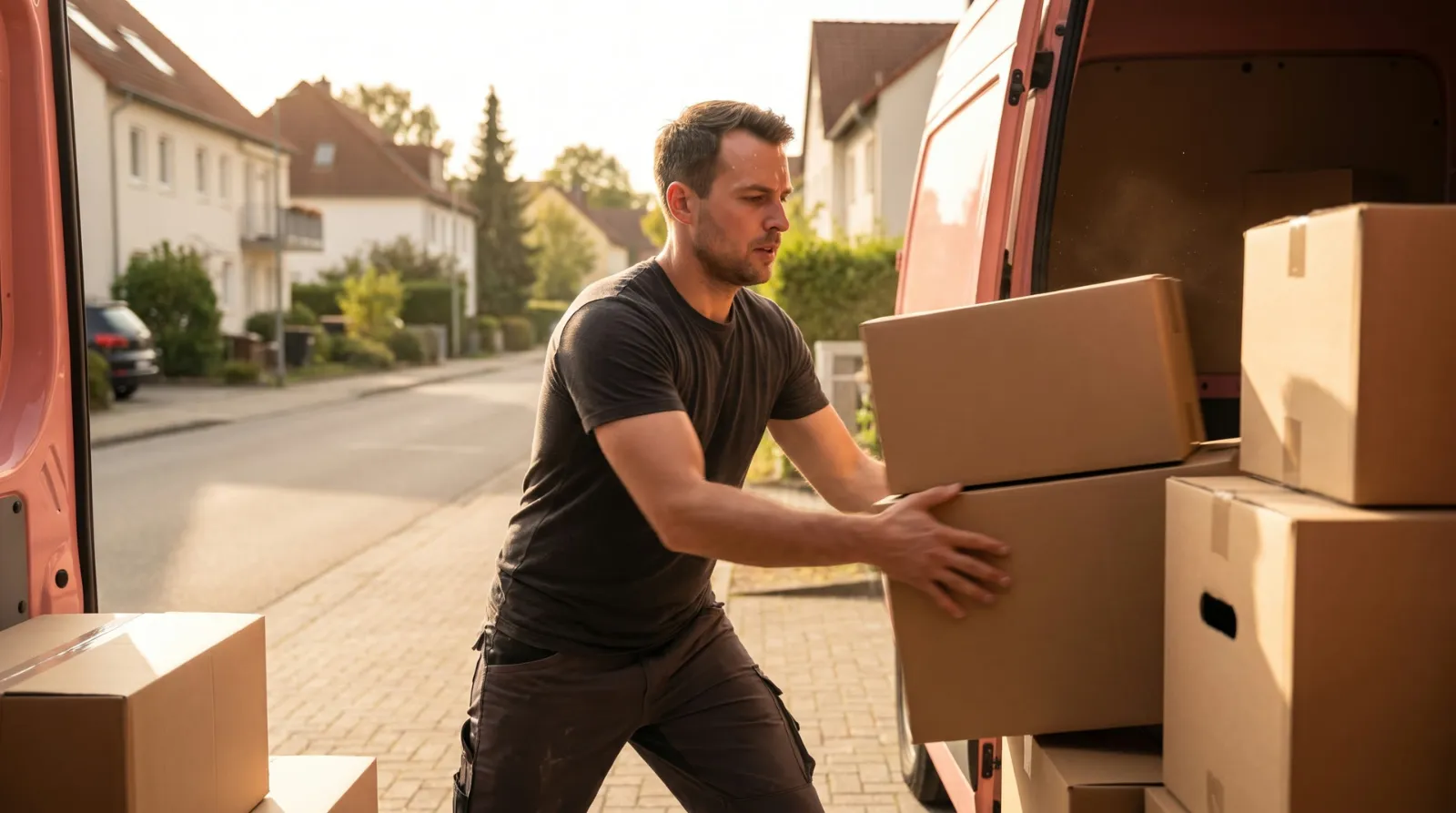 Mitarbeiter lädt Kartons in den Transporter