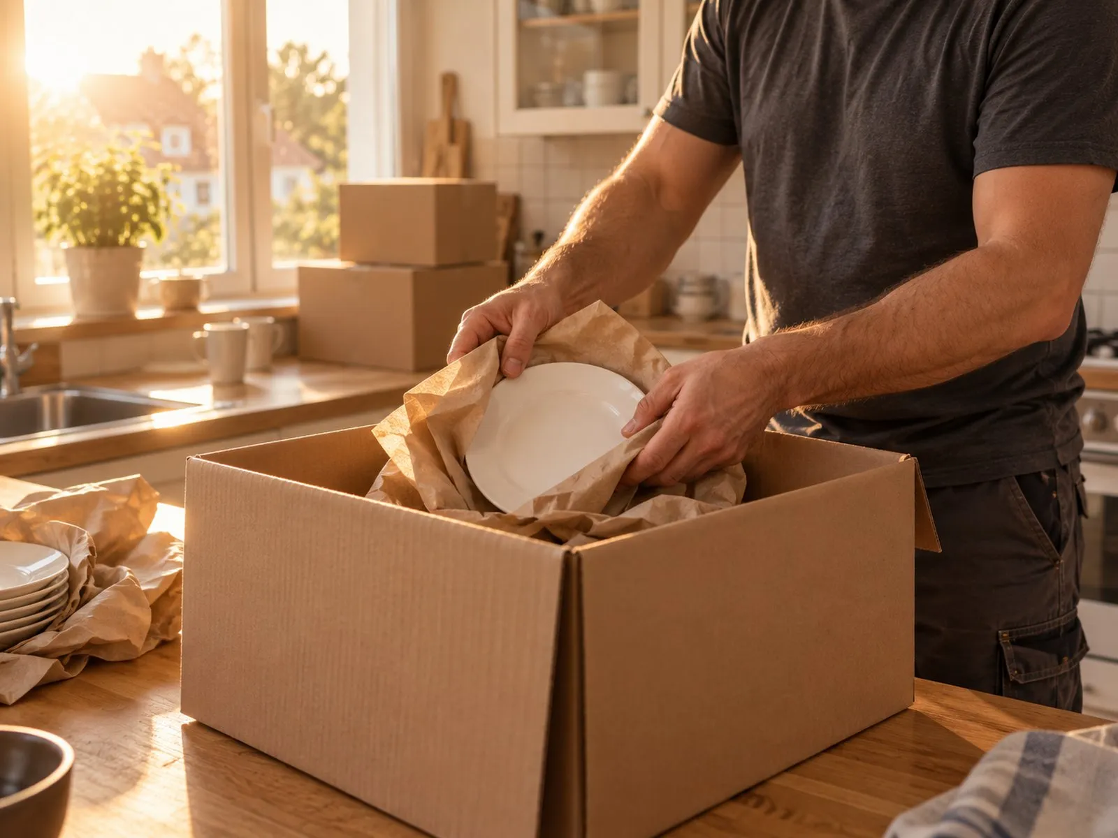 Mitarbeiter verpackt Teller in Packpapier