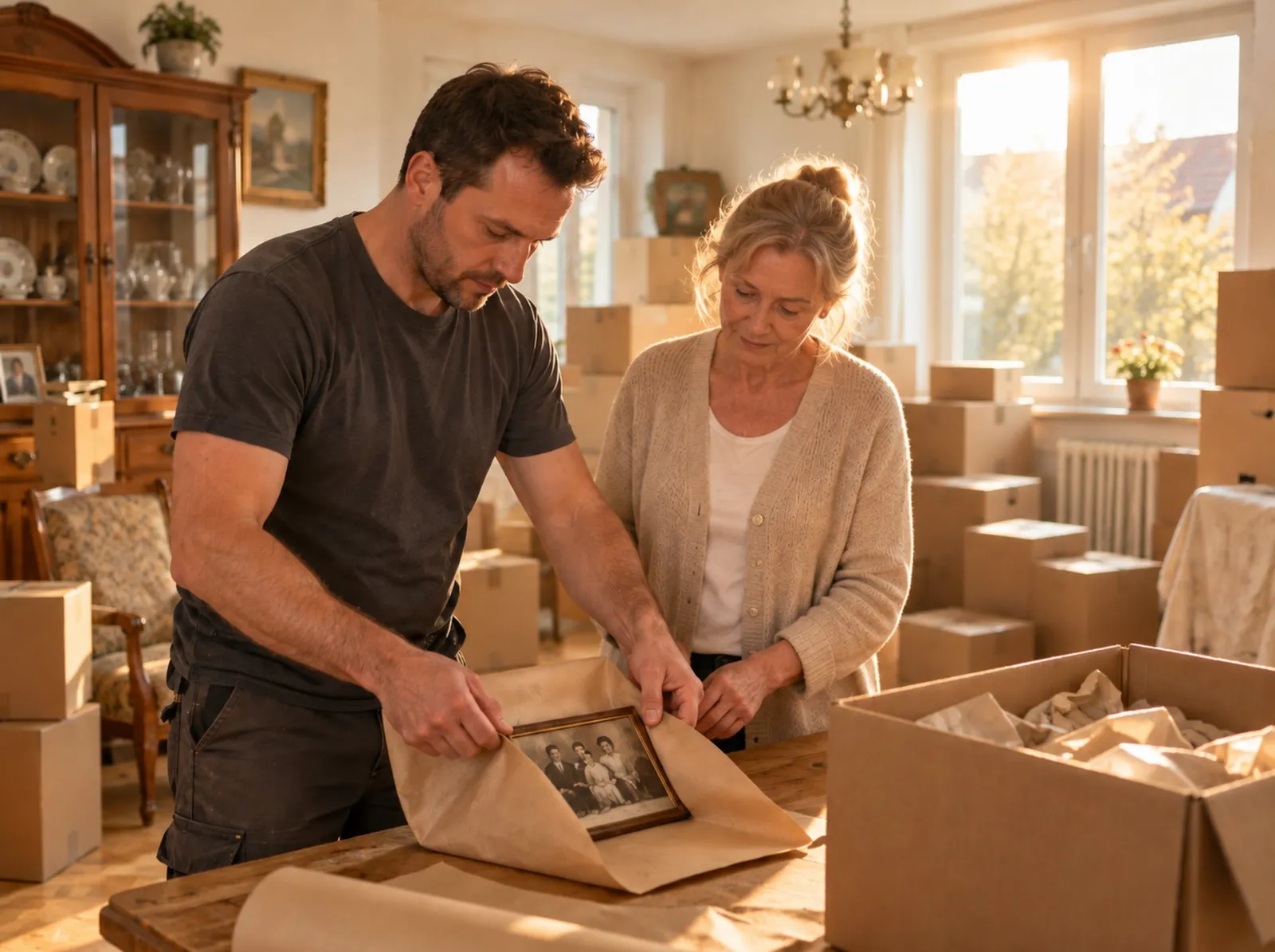 Mitarbeiter verpackt behutsam ein gerahmtes Familienfoto, daneben die Tochter der Bewohner