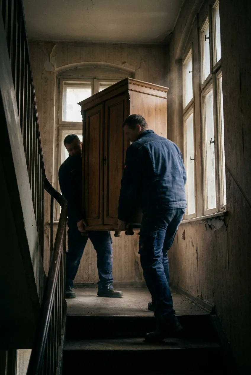 Zwei Mitarbeiter tragen einen Kleiderschrank ein Treppenhaus hinunter